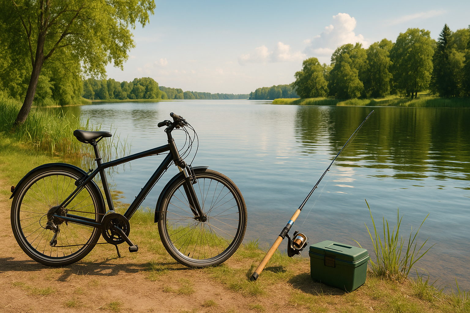 Rower i sprzęt wędkarski nad jeziorem na Mazurach podczas aktywnego wypoczynku
