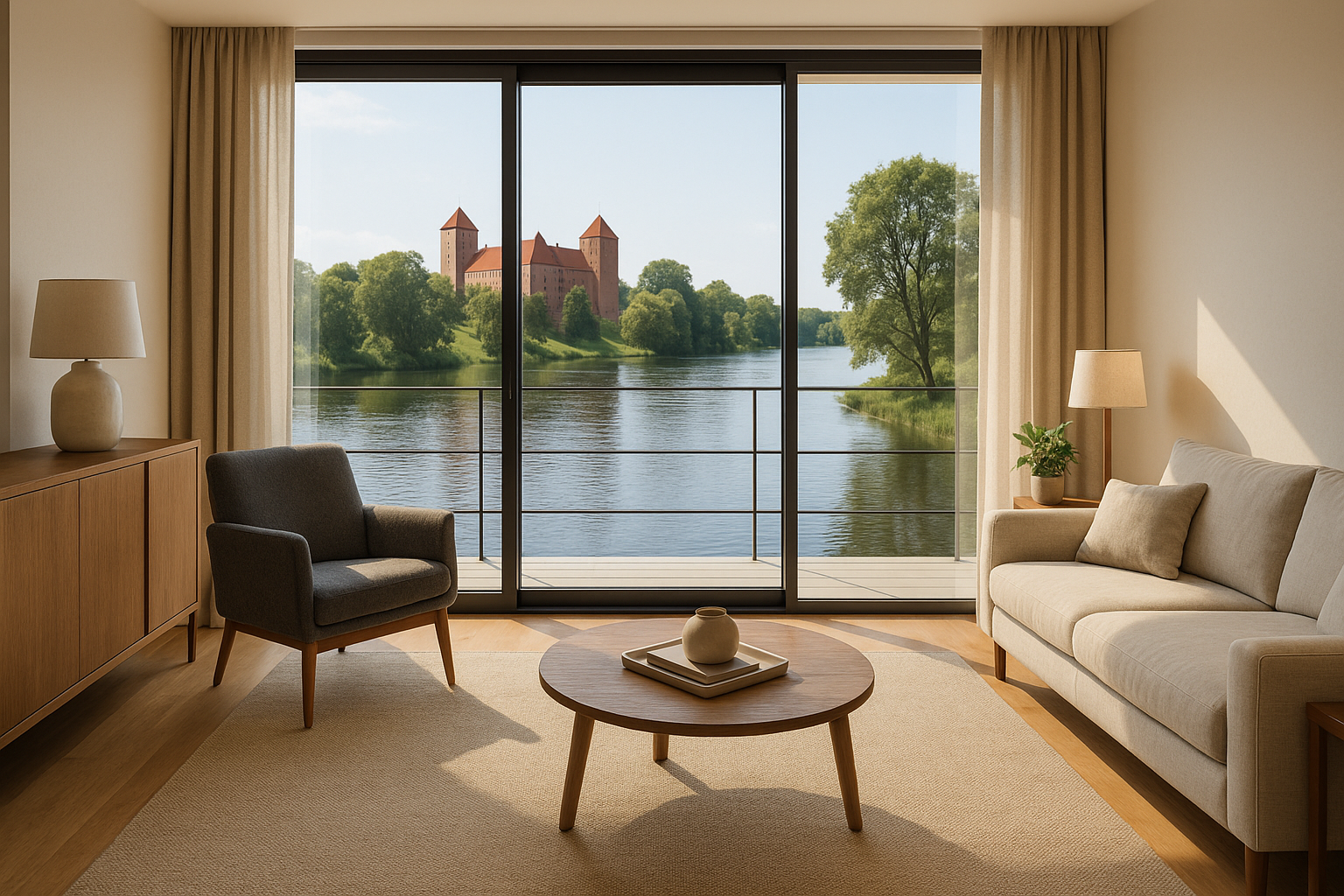 Nowoczesny apartament na Mazurach z widokiem na rzekę i zamek